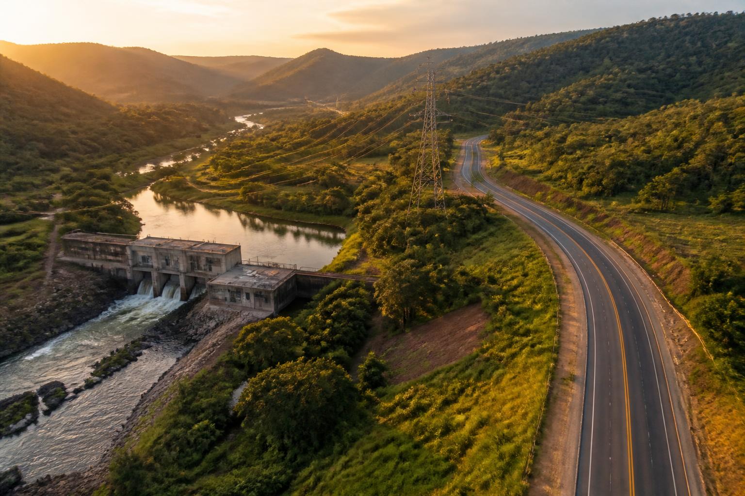 Rodovia, PCH e linha de transmissão em paisagem preservada — representação dos ramos de atuação da Bioberg